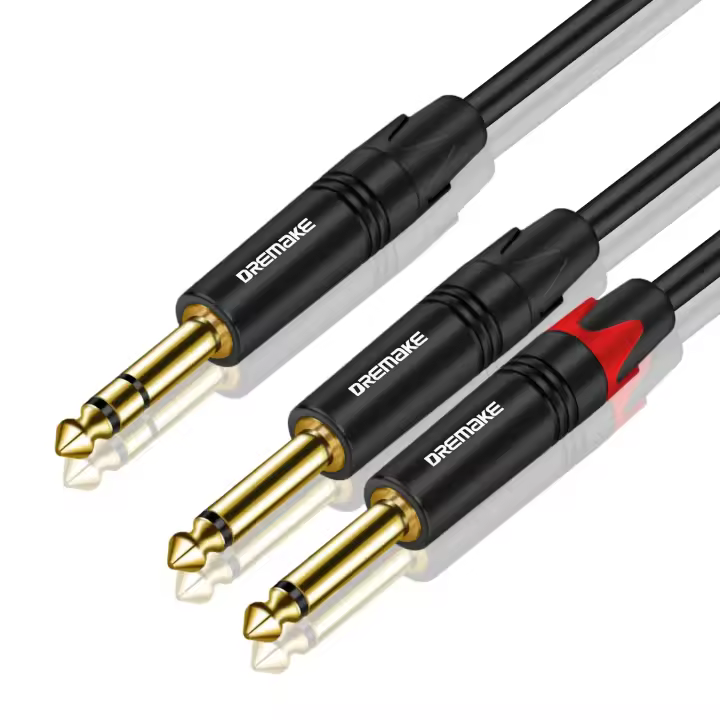DREMAKE TRS 6,35mm a doble Cable TS de 6,35mm 2 Mono 6,5 Jack a 1/4 pulgadas 6,35 TRS Audio Breakout Y-Splitter Cable para amplificador - 1