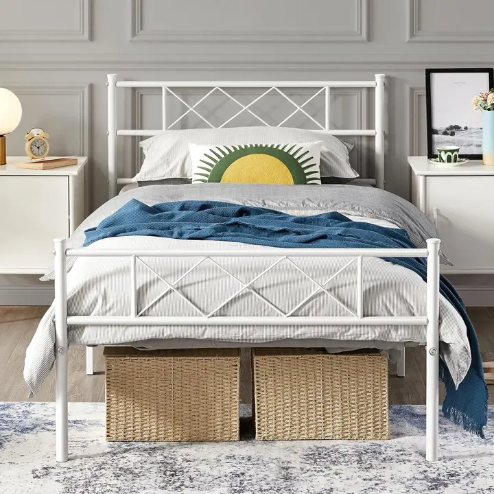 Cama de Metal Moderna con somier, Cama Doble/Individual, Marco de Cama con cabecero, Cama de Invitados, Cama Juvenil, para Dormitorio, habitación de Invitados, 90 x 190 cm/Blanco - 1