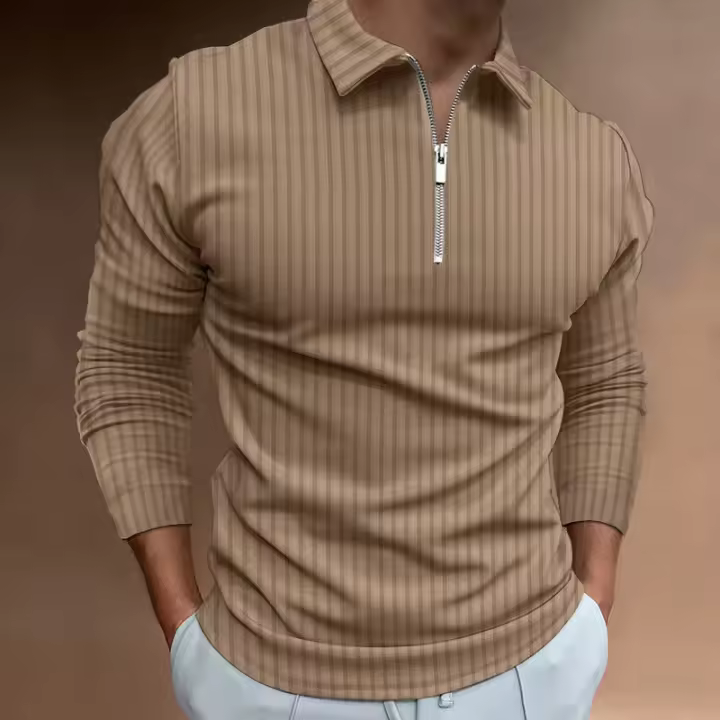Camisa polo de manga larga con cremallera a rayas para hombre de otoño e invierno - 1