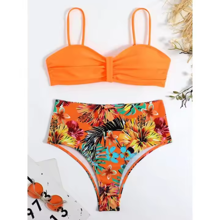 Conjunto de bikini bandeau liso, estampado tropical sexy, traje de baño mejorado para mujer, traje de baño de cintura alta con encaje en la espalda, ropa de playa - 1