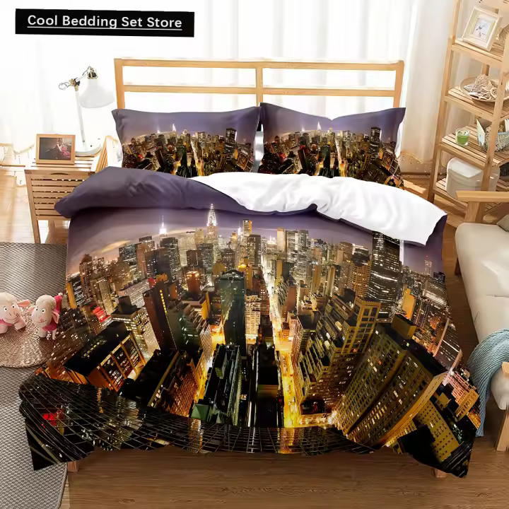 Cityscapes-funda nórdica King y Queen, juego de ropa de cama con paisaje de edificios altos, colcha de poliéster con vista al tráfico - 1
