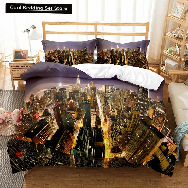 Cityscapes-funda nórdica King y Queen, juego de ropa de cama con paisaje de edificios altos, colcha de poliéster con vista al tráfico - 1