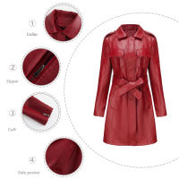 Gabardina cortavientos de piel sintética para mujer, chaquetas con cinturón, abrigo largo medio - details 24