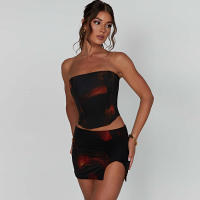 BUNO-Conjunto de dos piezas con estampado de fuego para mujer, chaleco sin mangas con pecho envuelto, minifalda con abertura en la cadera, ropa de calle informal - details 5