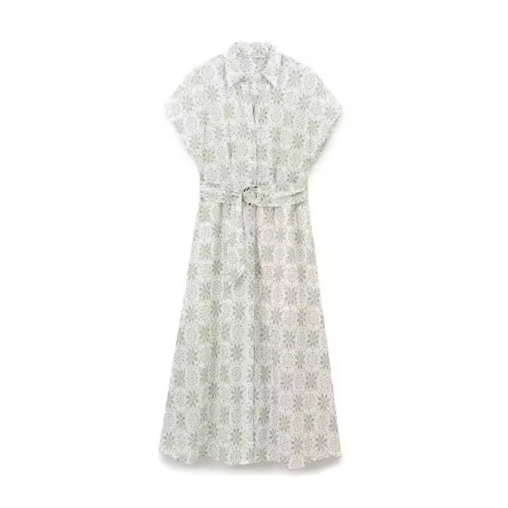 Vestido casual chic con detalle de corte y lazo en la cintura, bordado floral OUWU, primavera verano 2025, de día a fiesta. - 1