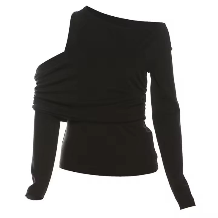 BUNO-Camiseta negra de manga larga con hombros descubiertos para mujer, jersey ajustado a la moda de cintura alta, Top liso Y2k 2024 - 1