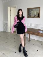 Vestido de manga larga de dos piezas falso empalmado, falda corta ajustada con hombros descubiertos y nicho de otoño - details 9