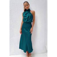 BUNO-Vestido de satén de color sólido de Europa América, sin mangas, elegante, temperamento ligero, Gala, primavera y verano, un hombro cuello alto tanque satén mujer vestido de fiesta bata con cremallera sin mangas elegante Vintage pliegues ropa de mujer - details 7