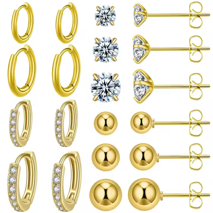 Conjuntos de pendientes de acero quirúrgico para múltiples perforaciones, pendientes de aro pequeños y ligeros, pendientes de tuerca CZ para mujer, cartílago de moda hipoalergénico - 1