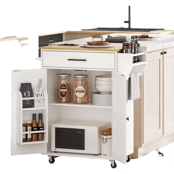 Isla de Cocina, Carro de Comedor Móvil, Carrito de Almacenamiento con Cajones y Especiero, con 2 Tomas de Corriente, Blanco y Natural EWN88CZD01 - 1