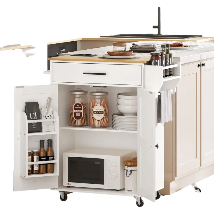 Isla de Cocina, Carro de Comedor Móvil, Carrito de Almacenamiento con Cajones y Especiero, con 2 Tomas de Corriente, Blanco y Natural EWN88CZD01 - 1