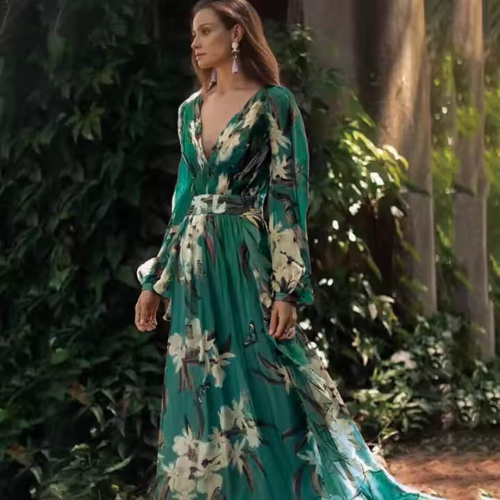 Vestido con vuelo grande y estampado elástico de cuatro lados, manga larga, cuello en V, novedad de invierno de 2025 - 1