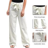 Pantalones de mujer Pantalones casuales con cordones de algodón y lino Pantalones de pierna con banda elástica Pantalones rectos de mujer - details 1