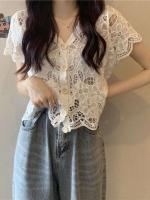 Tops Y2k de moda coreana de punto Ence para mujer, cárdigan de manga corta con cuello en V, chaqueta hueca, novedad de verano - details 6
