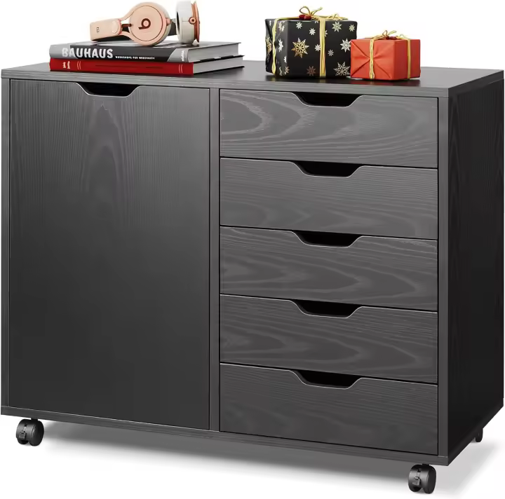Cómoda de madera de 5 cajones con puerta, gabinete de almacenamiento móvil, soporte para impresora para oficina en casa - 1