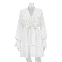 Tossy-minivestido blanco con volantes y cuello en V para mujer, vestido elegante de manga larga con retazos, cintura alta, con cordones - details 0