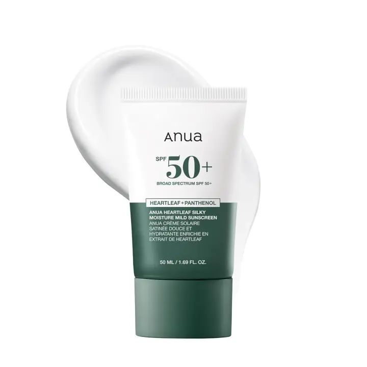 Anua Heartleaf Silky Moisture Protector solar suave, SPF 50+ de amplio espectro con fórmula hidratante, protector solar coreano liviano, acabado natural, vegano, cuidado de la piel coreano 50 ml / 1,69 fl. oz. - 1