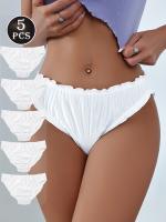 5 bragas de encaje para mujer - Ropa interior elegante, transpirable y suave sin costuras, color liso con detalle de volantes, corte medio, tejido de poliamida de punto - details 4