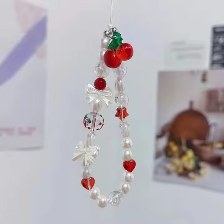 Cadena de teléfono con lazo de cereza roja coreana, cordón con perlas, correa para muñeca, pulsera colgante con cuentas, llavero para iPhone, cuerda para chica - 1