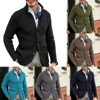 Cárdigan de punto grueso para hombre, suéter de lana, chaqueta de punto con cuello levantado de manga larga ajustada de color sólido para otoño e invierno - details 1