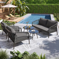 Conjunto de salón de jardín, conjunto de muebles de jardín de cuerda, conjunto de sofá moderno de exterior, cuerda gris, tablero de mesa de cristal liso, incluye todos los cojines de asiento y respaldo, muebles de salón, conjunto de balcón - details 1