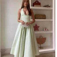 Vestido halter verde sin espalda para mujer, cintura baja, A-e Midi, vestidos de fiesta de noche de verano, bata de algodón - details 0