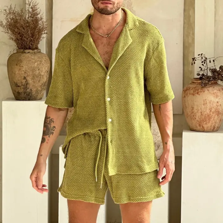 2025 verano nuevo casual traje delgado solapa de manga corta camisa con botones top cordón pantalones cortos ropa de verano de los hombres - 1