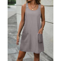 Vestido casual de verano con cuello redondo, sin mangas, textura gofre y botones decorativos. - details 5