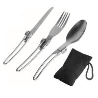 Juego de cubiertos portátiles de acero inoxidable, cubiertos plegables para acampar al aire libre, viajes, Picnic, cuchillo, cuchara, tenedor, vajilla, 3 piezas por juego - details 0