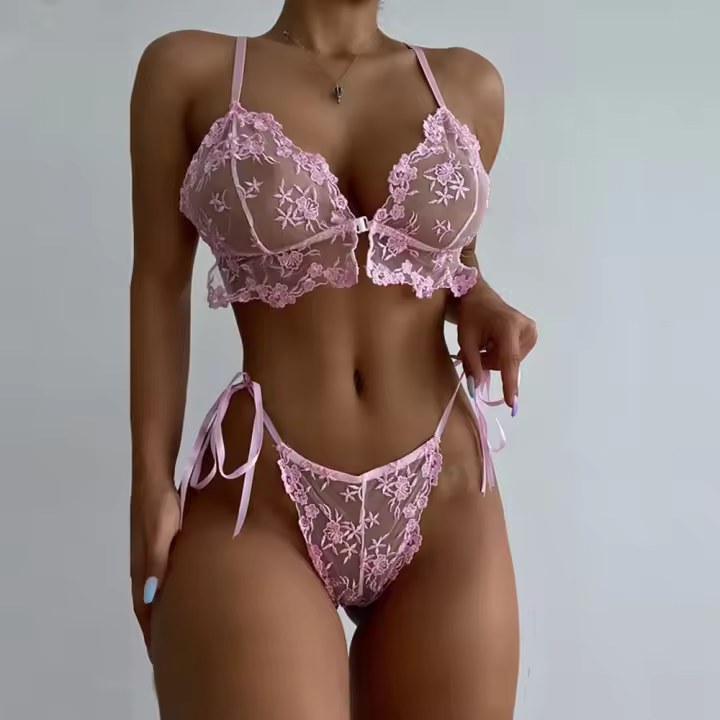 Ropa interior erótica rosa para mujer, sujetador y bragas transparentes con bordado exótico, conjuntos de 2 piezas, lencería Sexy, ropa de encaje - 1