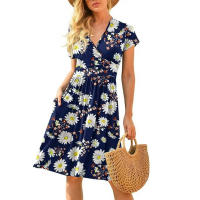 Ropa de mujer europea y americana de manga corta estampado de bolsillo de longitud media vestido - details 2