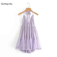 SheMujerSky-vestidos de verano con espalda descubierta y empalme, vestidos con cuello en V y cuello Halter, vestido de noche para mujer - details 3