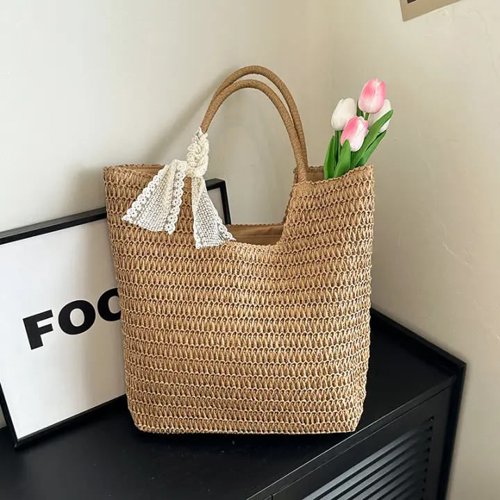 Bolso de hombro tejido hecho a mano Vintage para playa para mujer, bolsas de compras de rafia y ratán, bolsos bohemios para mujer, bolsos informales para viajes y vacaciones de verano - 1