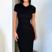 Vestido ajustado liso con cuello redondo para mujer, vestido midi informal de manga corta para uso diario al aire libre, vestido para mujer, ropa de mujer, trajes de verano 2024 - details 6