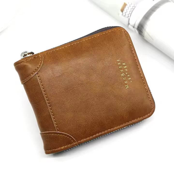 Cartera corta con cremallera para hombre, tarjetero informal de cuero PU con bolsillo para monedas - 1