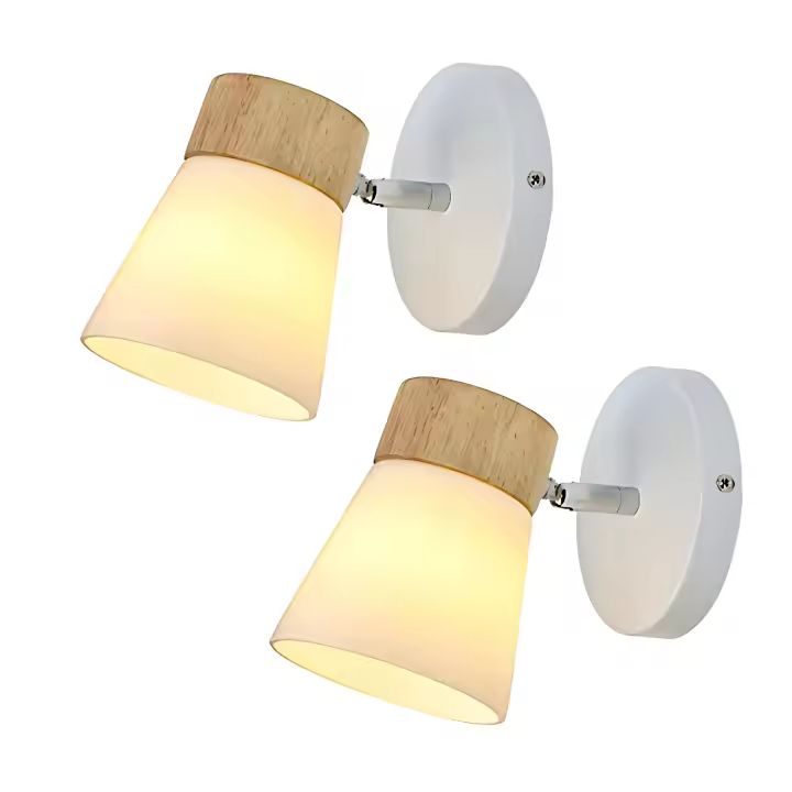 Lámparas Nocturnas de pared de cristal nórdico sencillo 2PCS Blanco + Madera 12x12x15cm - 1