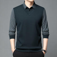Polo de manga larga para hombre de alta gama, camiseta informal de dos piezas con cuello falso, camiseta a rayas - details 2
