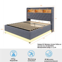 Cama tapizada LED 180 x 200 cm, Cama acolchada con puerto de carga USB y almacenamiento hidráulico, tela de lino agradable para la piel, Gris (Sin colchón) - details 2