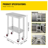 SucceBuy Mesa de trabajo de acero inoxidable con 4 ruedas, altura ajustable, mesa de preparación de alimentos resistente para cocina comercial, color plateado - details 3