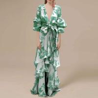 Vestido Bohemio Irregular con Cintura Empacada Cuello en V Profundo, Manga de Farol, Largo con Lazo de Moda para Mujeres - details 2