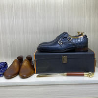 Zapatos italianos de cuero hechos a mano para hombre, zapatos de cuero con patrón de cocodrilo de doble hebilla para negocios - details 3