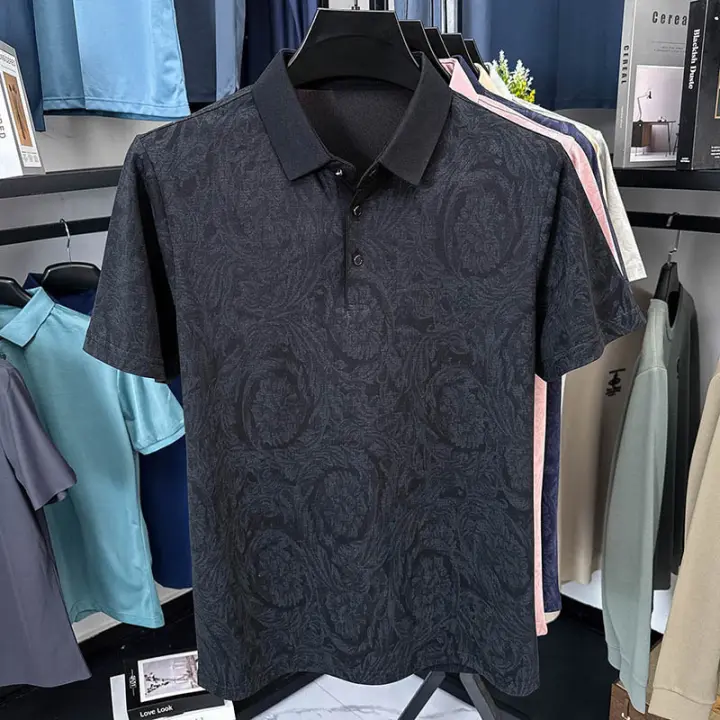 Polo para hombre con cuello, media manga de seda helada, diseño fino, informal y versátil, camiseta de negocios de manga corta para hombre - 1