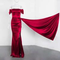 Vestido de dama de honor plisado de satén elástico, hombros descubiertos, vestido de noche formal, apertura frontal, hasta el suelo - details 6