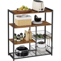 Estantería de Cocina con 2 Cestas de Malla Metálica, Estantería para Microondas, con Estantes y Ganchos, 35 x 80 x 95 cm, Estilo Industrial, Marrón Rústico y Negro - details 6