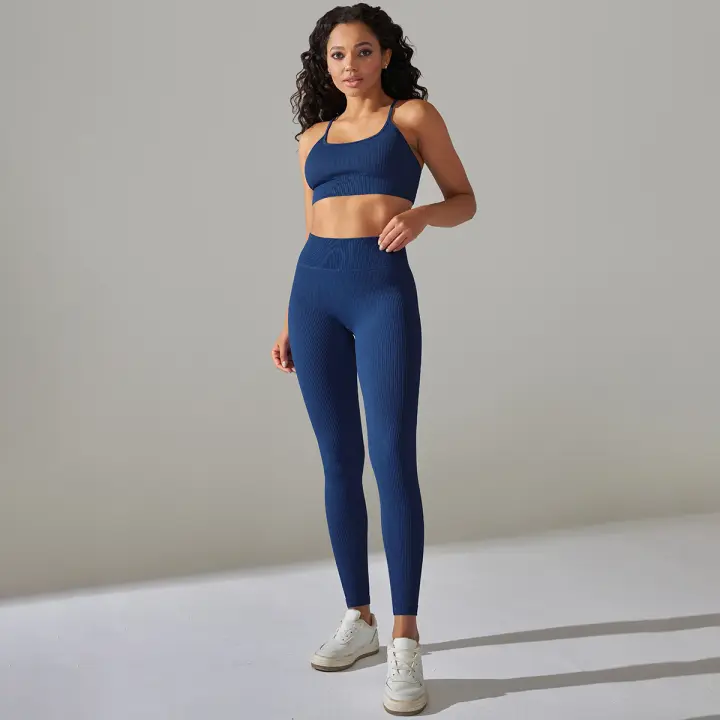 Hamidou-Conjunto de ropa deportiva de dos piezas para mujer, Leggings de cintura alta para gimnasio, Top corto, trajes deportivos de Fitness, ropa deportiva con lavado ácido - 1
