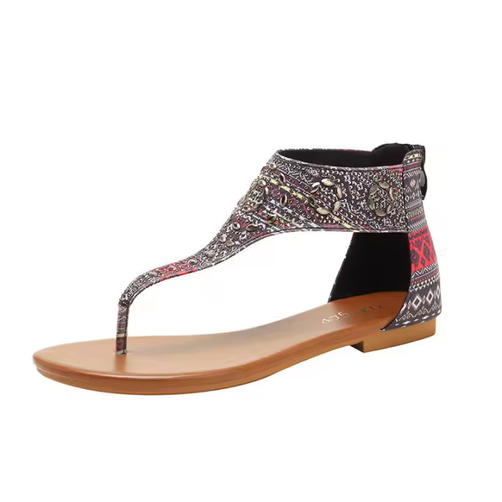 Sandalia Sandalias planas de estilo étnico 2025 Nuevos zapatos de playa de vacaciones con diamantes de agua con patas - 1