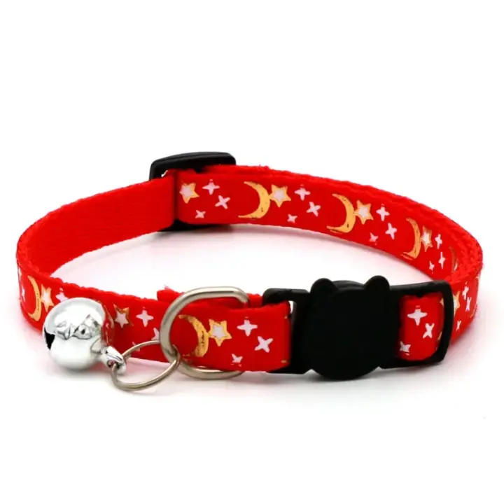 Collar para mascotas gato perro Color dorado estrellas y luna Collar para mascotas con campana y Material PP hebilla de seguridad reflectante separada sólida segura - 1