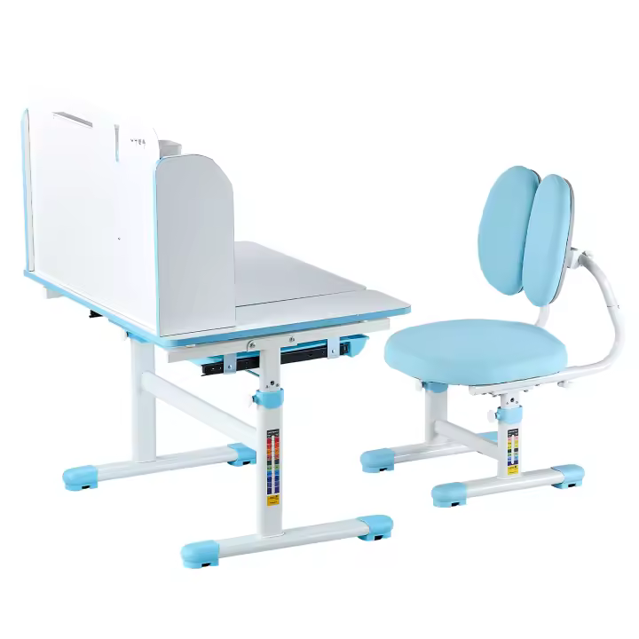 SucceBuy Juego de escritorio y silla de estudio para niños, altura ajustable con estantería y cajón de almacenamiento, 0-40 °   Escritorio inclinado, mesa de estudio, azul - 1