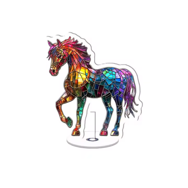 La pantalla acrílica giratoria presenta un caballo de vidrieras vibrante con una melena de arcoíris sobre un fondo blanco que muestra exquisitos detalles y brillo de color. - 1