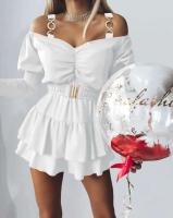 Vestido Mini de Moda de Hombros Fríos para Mujeres 2024 Manga Larga Casual con Cinturón Recortado y Voluminoso - details 0